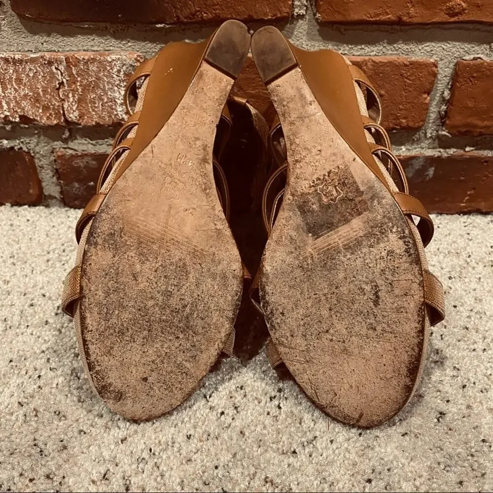Ann Taylor Tan Wedge Sandals Sz 9.5 Brown Ankle Strap